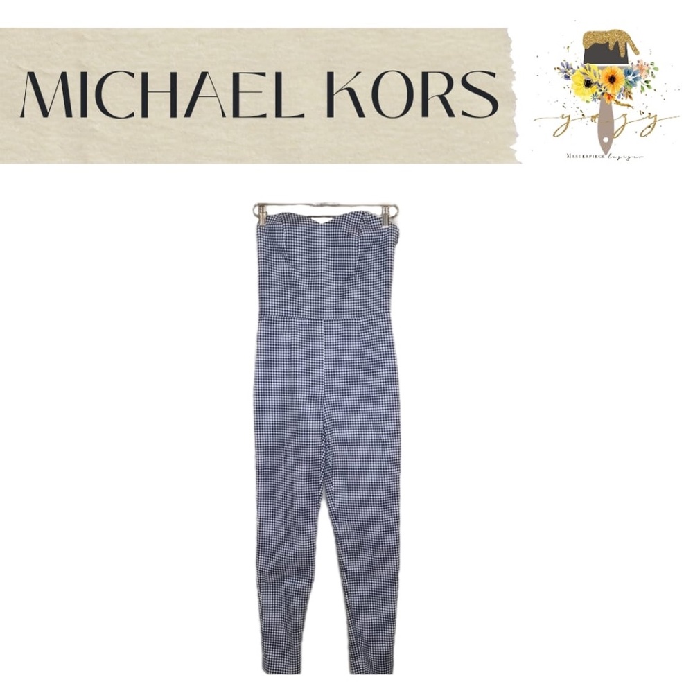 MICHAEL KORS Women's Check Pattern Strapless Romper BLUE/WHITE SIZE 2